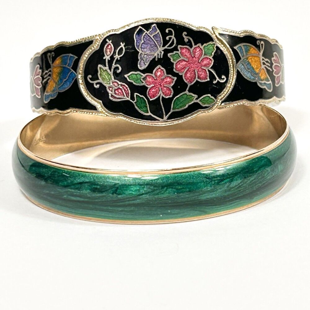 Vintage Enamel Bracelet Lot Cloisonné Butterfly Clamper + Avon Green Bangle